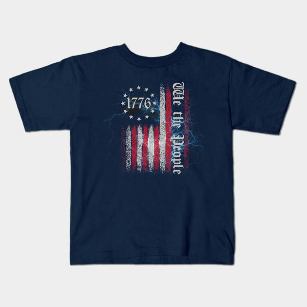 Distressed American flag 1776 lightening Kids T-Shirt by PixieMomma Co